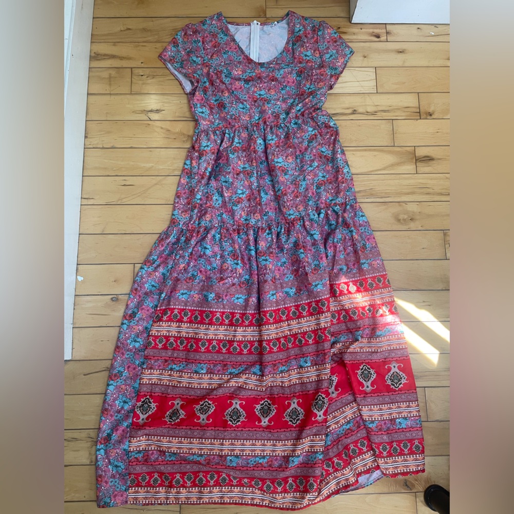 Red Floral Bohemian Maxi Dress